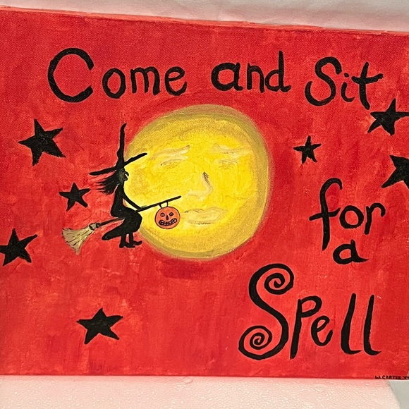 Halloween Witch Moon Folk Art Original Signed 2004 Painting Artist signed - Picture 3 of 13